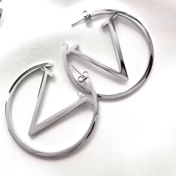 18k Gold or Silver V Logo Hoop Earrings - Picture 3 of 3